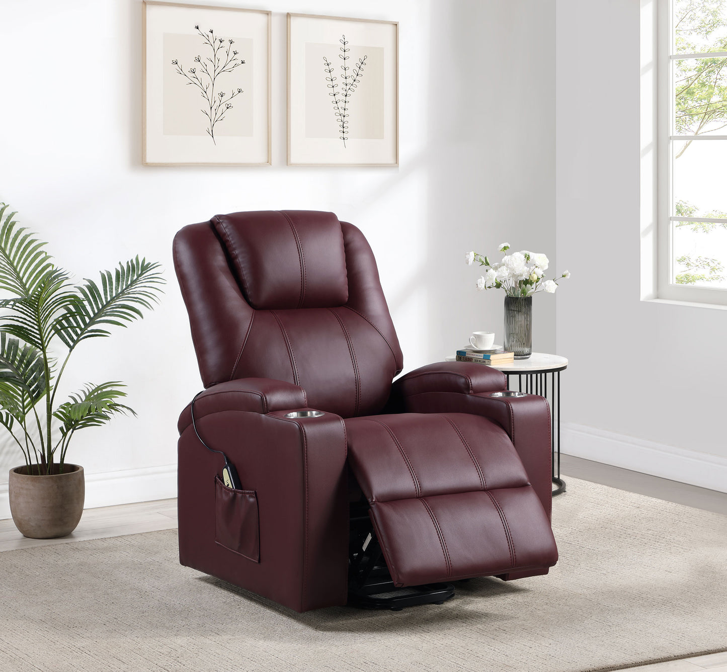 Armstrong Upholstered Power Lift Massage Recliner Wine Red