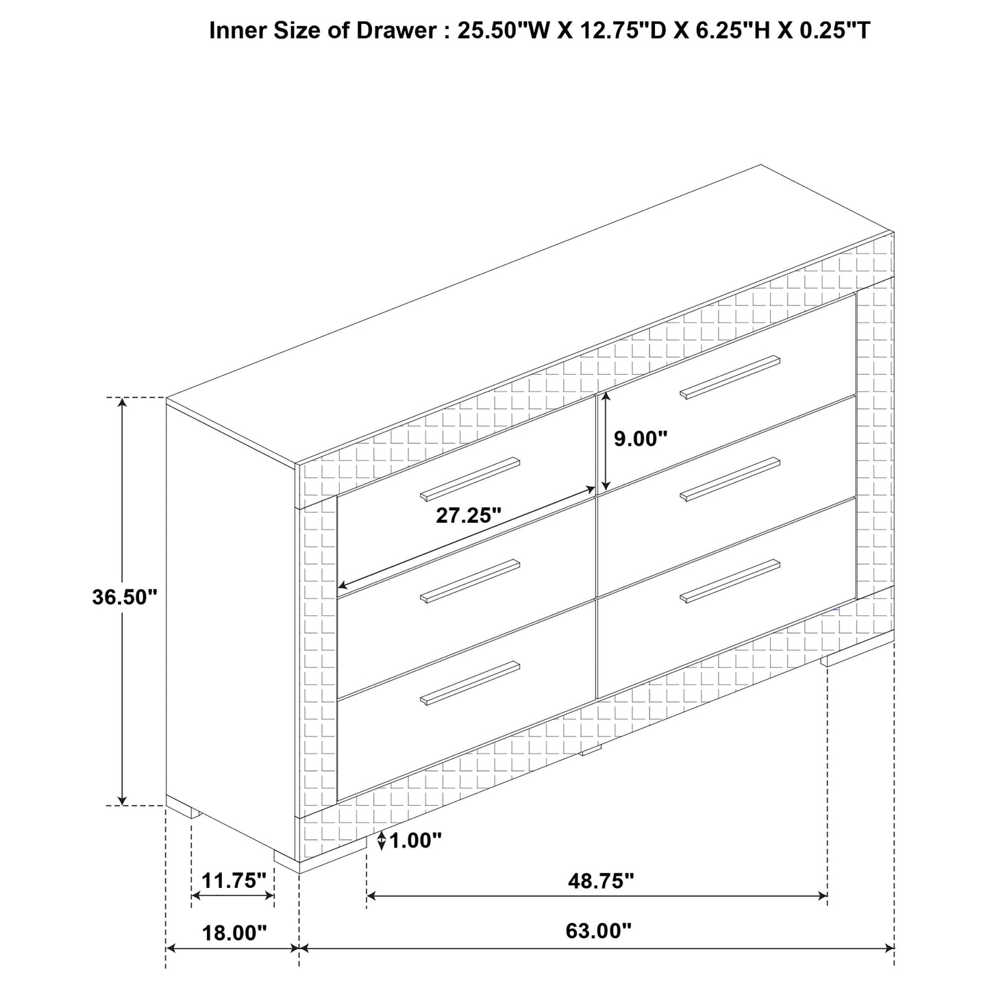 Ives 6-drawer Dresser Cabinet Grey High Gloss