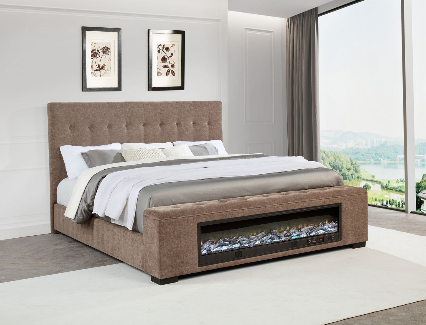 Senna Upholstered Queen Audio Fireplace Bed Brown