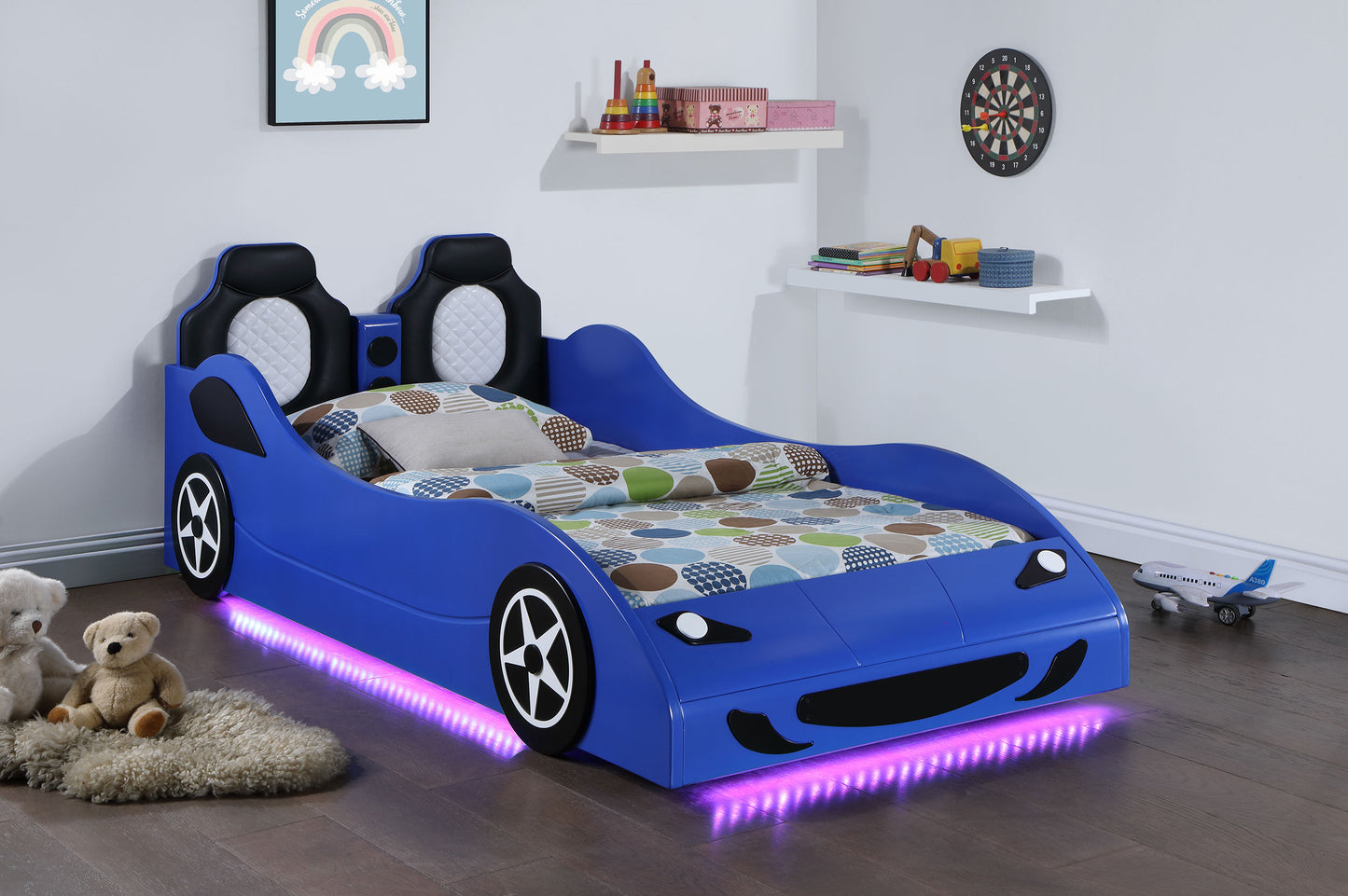 Cruiser Wood Twin LED Race Car Bed and 7-inch Mattress Blue