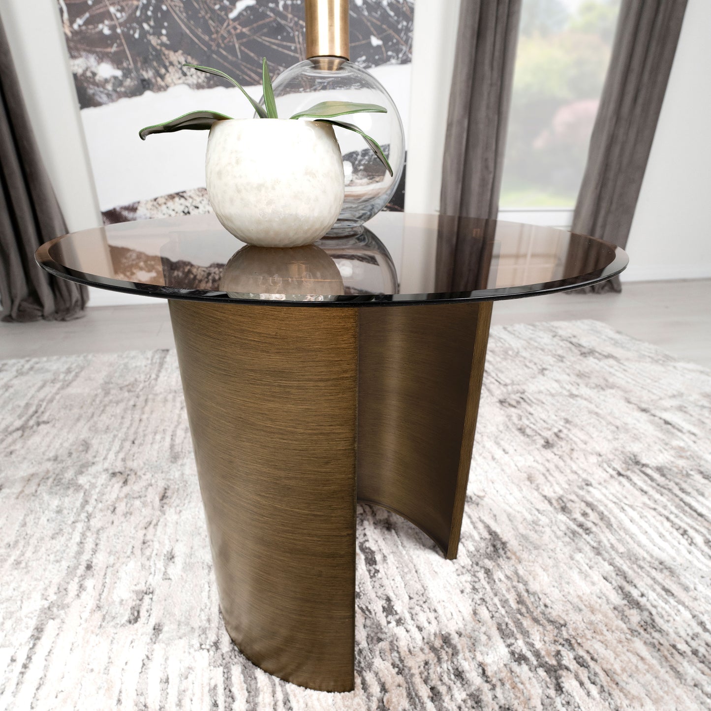 Morena Round Tawny Glass Top Side End Table Brushed Bronze